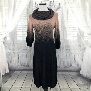 NY Collection Size Medium Black Copper Gold Sweater Dress Cowl Neck Knit Midi